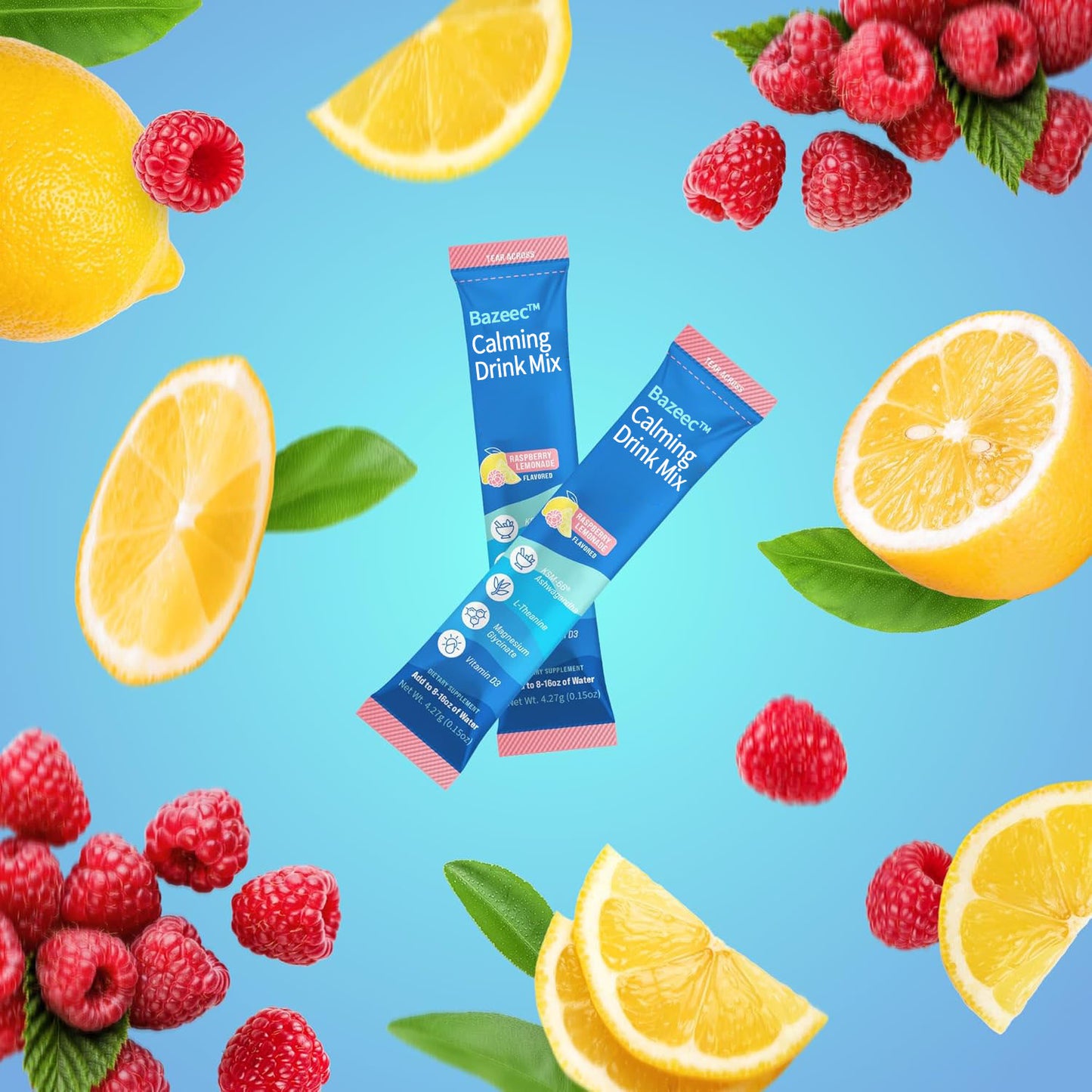 BazeecTM Powdered Drink Mix, Raspberry Lemonade, L Theanine, Ksm-66 Ashwagandha, Magnesium Glycinate, Vitamin D 3, Supplements for Relaxation & Focus, No Sugar, Non GMO,