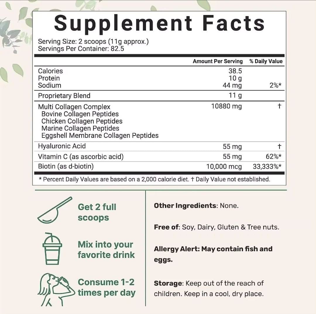 Multi Collagen Peptides Powder - Hydrolyzed Protein Peptides (Type I,II,III,V,X) with Hyaluronic Acid, Biotin & Vitamin C - Unflavored