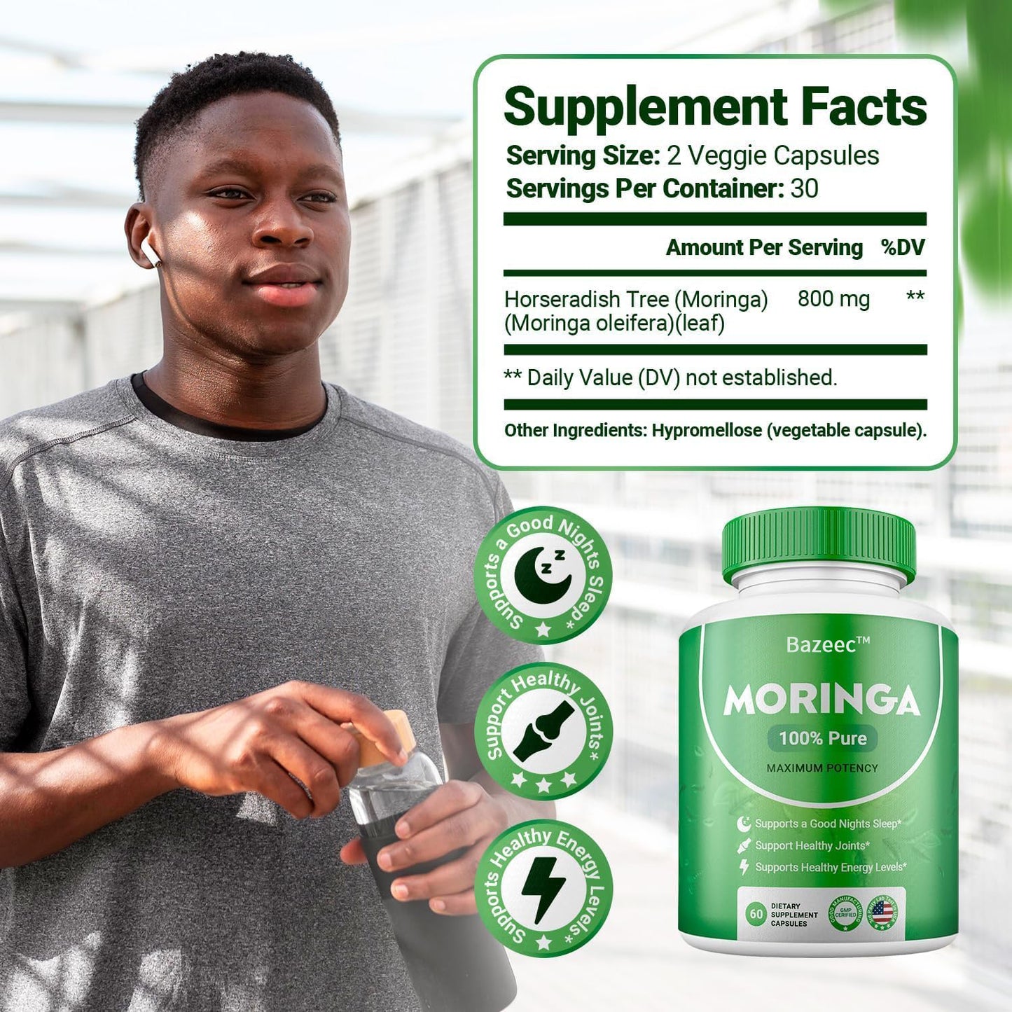 Moringa Powder Capsules - 800mg of Pure Nutrient-Rich Moringa Powder - A Natural Green Antioxidant Superfood