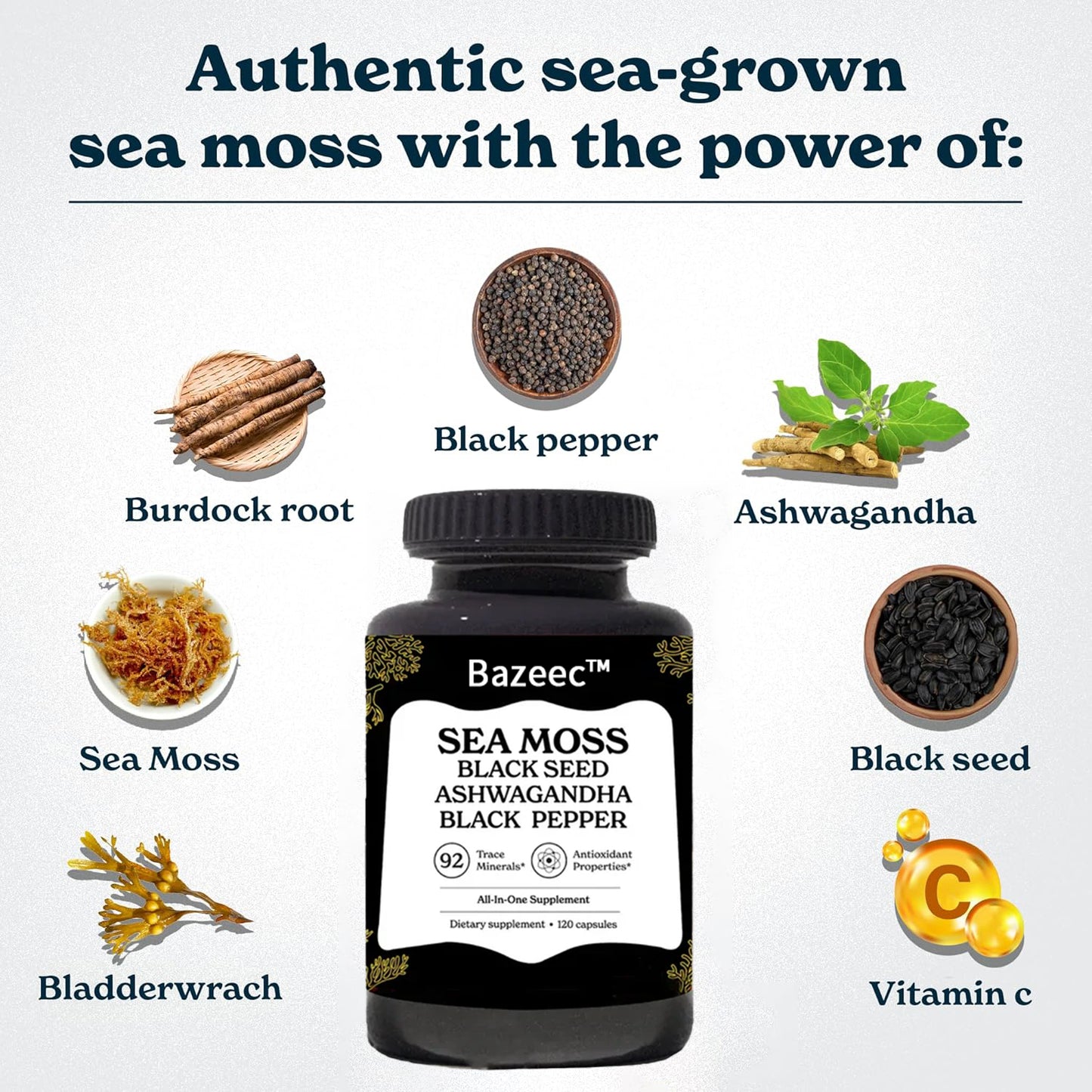 Sea Moss Capsules- Irish Sea Moss with Black Seed Oil, Ashwagandha & Black Pepper for Stamina, Strength & Endurance- High Potency Sea Moss Supplement - 60 Servings, 120 Capsules