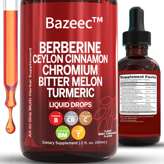 Organic Ceylon Cinnamon Berberine Liquid Drops Supplement with Bitter Melon Extract, Glucomannan, Gymnema, Chromium, Turmeric, Organic Panax Ginseng