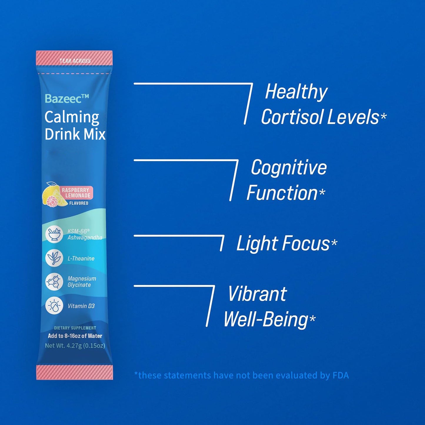 BazeecTM Powdered Drink Mix, Raspberry Lemonade, L Theanine, Ksm-66 Ashwagandha, Magnesium Glycinate, Vitamin D 3, Supplements for Relaxation & Focus, No Sugar, Non GMO,