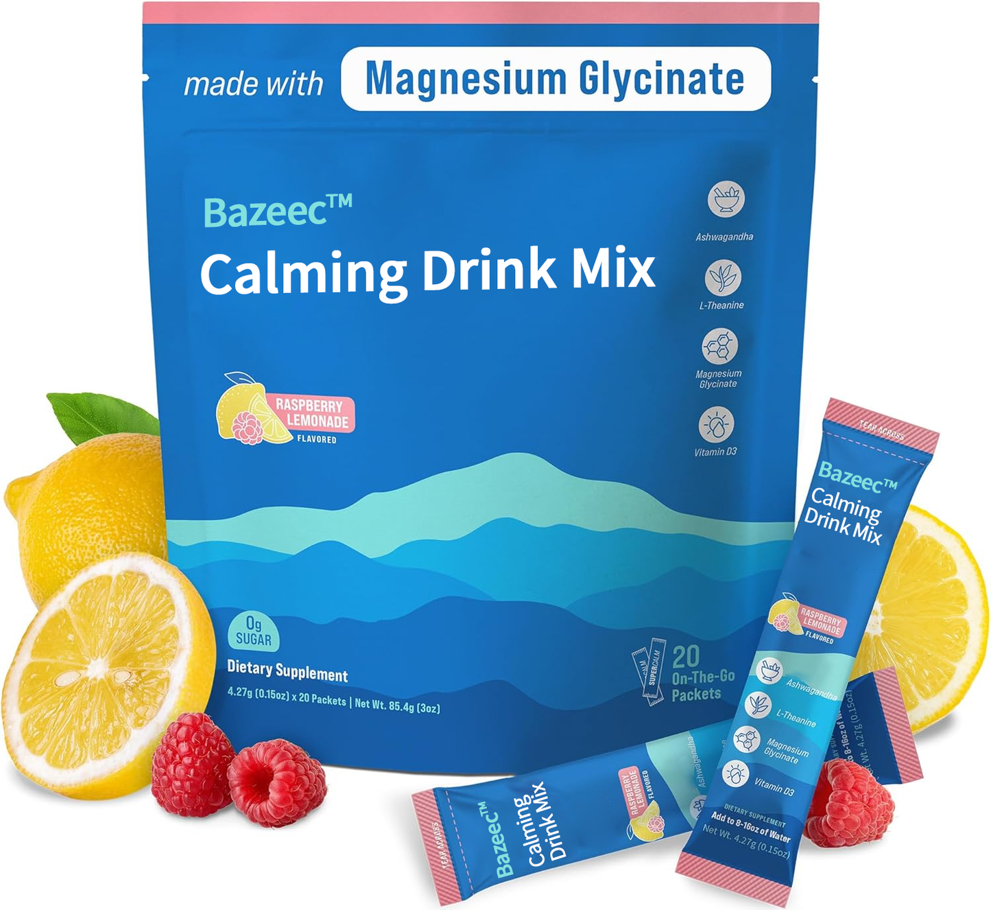 BazeecTM Powdered Drink Mix, Raspberry Lemonade, L Theanine, Ksm-66 Ashwagandha, Magnesium Glycinate, Vitamin D 3, Supplements for Relaxation & Focus, No Sugar, Non GMO,