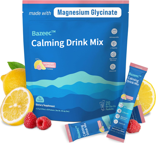 BazeecTM Powdered Drink Mix, Raspberry Lemonade, L Theanine, Ksm-66 Ashwagandha, Magnesium Glycinate, Vitamin D 3, Supplements for Relaxation & Focus, No Sugar, Non GMO,